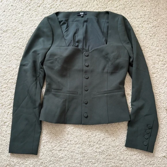 New PAIGE Rhea Sweetheart Top bustier long sleeves blouse jacket olive 4 small - Picture 2 of 8
